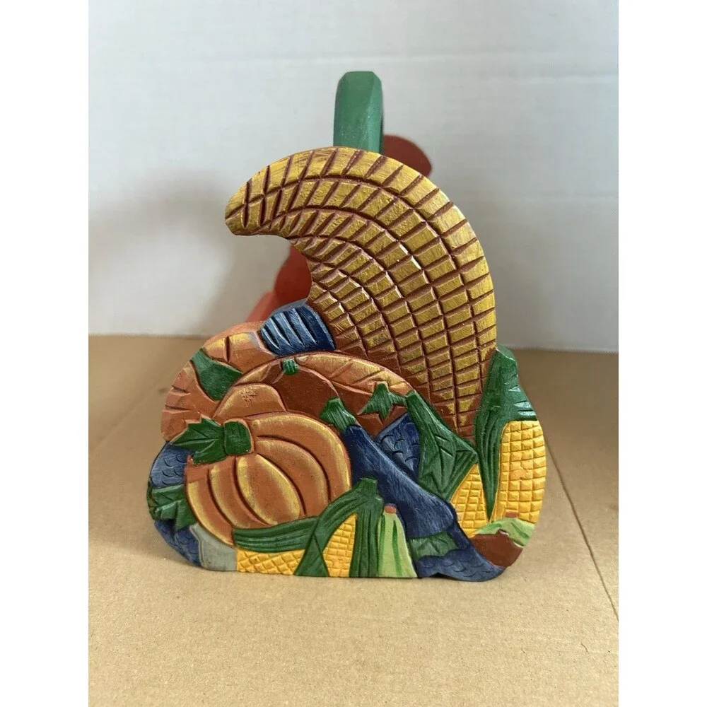 Hand Carved Wood Basket Cornucopia Fall Harvest Decor Rustic 8in Farmhouse